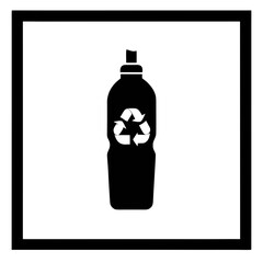 Black silhouette of a plastic bottle with a white recycling symbol inside a black square frame