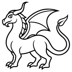 Stylized black and white outline of a mythical dragon creature with wings and horns
