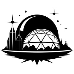 Futuristic city skyline with geodesic dome and flying saucer base under starry sky