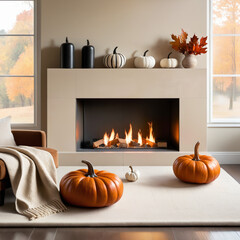 Cozy autumn living room with a chimney, pumpkin, sofa, and carpet, creating warm seasonal vibes and rustic fall comfort.