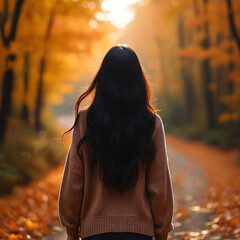ack view of a woman wearing a wool shirt in an autumn park, capturing cozy fall vibes, seasonal colors, and peaceful outdoor atmosphere.