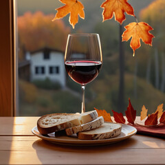 Close-up of a red wine glass near a window with autumn light, accompanied by bread, capturing cozy fall vibes and seasonal dining atmosphere.