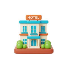 Obraz premium 3d icon of cartoon hotel building isolated on transparent background with trees around