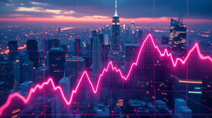 Stock market growth chart over new york city skyline at sunset