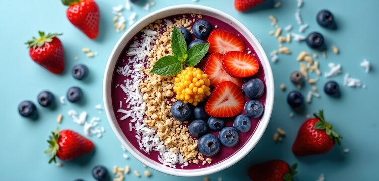 Top view of acai bowl with assorted fruits, coconut flakes. Superfood mix, fresh, healthy breakfast with organic ingredients. Strawberry, blueberries, cereals for vibrant colorful nourishment, diet.
