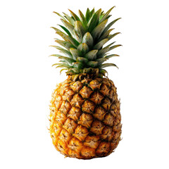 A whole pineapple, vibrant yellow-gold rind, with a crown of sharp, bright green leaves