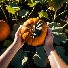 Top view of hands holding a pumpkin, capturing cozy autumn vibes, seasonal harvest atmosphere, and rustic fall textures.