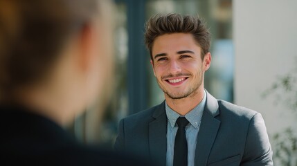 Young graduate attending job interview urban setting professional portrait bright atmosphere close-up view confidence and ambition