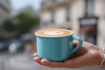 A hand holds a blue mug of coffee with latte art, city background. Perfect for cafe ads, lifestyle blogs, or promoting relaxation and simple pleasures.