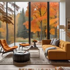 Orange and beige living room with high windows, capturing cozy autumn vibes, warm fall interior, and seasonal stylish decor.