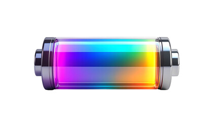 A vibrant, rainbow-filled cylindrical battery icon, metallic ends, glass casing, full charge indicated by spectrum colors