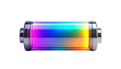 A vibrant, rainbow-filled cylindrical battery icon, metallic ends, glass casing, full charge indicated by spectrum colors