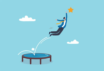 Reach success, improvement or career development, business tools advantage to reach goal or target, growth and achievement concept, businessman bounce on trampoline jump flying high to grab star.