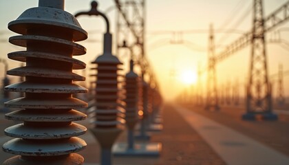 Close-up view of electrical substation ceramic insulators at sunset. Detailed structure equipment ensures reliable power transmission. High-voltage components prevent shorts, protect grid stability,
