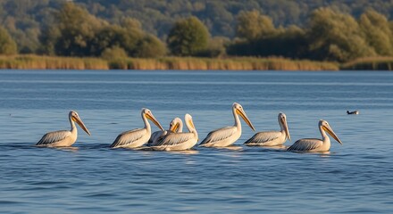 Group of pelicans floating on calm lake water.