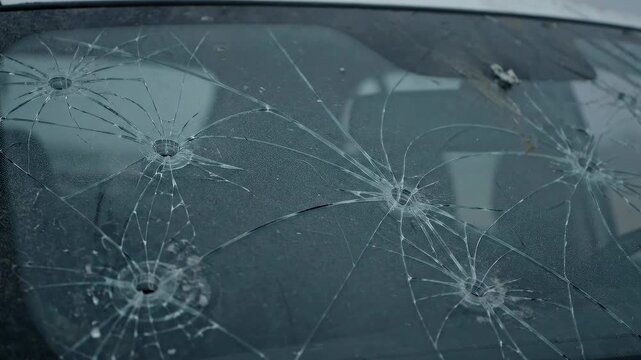 Close up of a cracked car windshield with multiple impact points.
