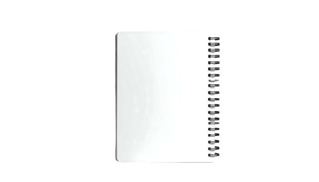 A blank, white spiral-bound notebook, viewed from the side, showing its clean, unblemished pages and the metal coil binding