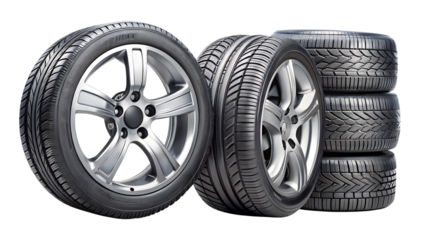 Set of car tires with alloy wheels and tread pattern isolated on transparent background for automotive industry and vehicle maintenance concept