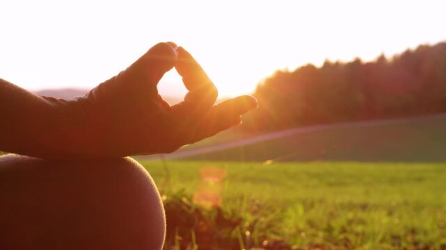 CLOSE UP, LENS FLARE, SILHOUETTE: Female hand in meditative gesture with golden sun shining through fingers. In background, beautiful autumn landscape with field and forest is bathed in morning light.