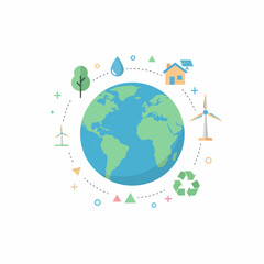 Global Environmental Protection and Sustainable Energy Solutions Flat Illustration. Earth with Renewable Resources and Ecological Icons for a Greener Future