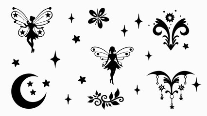 Whimsical night with fairies, stars, and moon for magical storybooks, captivating children's designs, and enchanting fantasy projects, vector art
