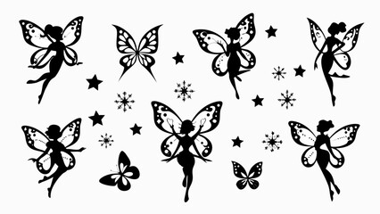 Enchanting fairies and butterflies gracefully dance among twinkling stars and delicate snowflakes, adding a touch of magic to any design project.