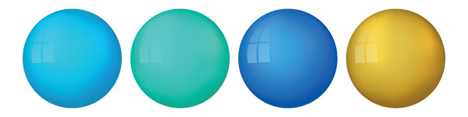 Set with glass colorful balls. Glossy realistic ball, 3D abstract vector illustration highlighted on a white background. Big metal bubble with shadow.