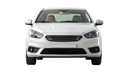Front view of a white sedan isolated on transparent background, showcasing its elegant design and modern features for automotive enthusiasts