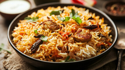 Delectable Indian Biryani Dish with Tender Meat and Aromatic Rice