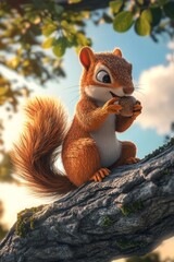 Obraz premium A cute cartoon squirrel joyfully munches on an acorn while perched on a tree branch. The vibrant colors and whimsical setting create a charming wildlife scene.