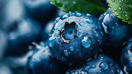 Macro photography of juicy blueberries glistening with fresh water droplets