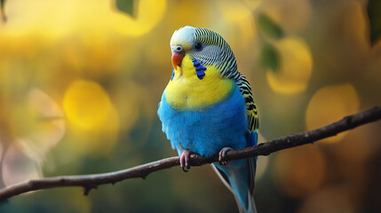 Vibrant budgerigar perched on a branch against a soft yellow bokeh background