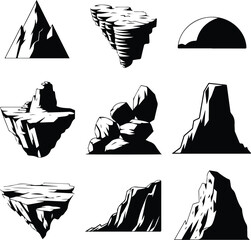 Mountain Hill and Rock Silhouette Icon Set Nature Landscape Rock and Mountain Vector Silhouettes