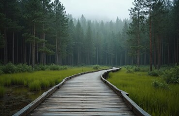 Obraz premium Wooden boardwalk winds through dense forest, green grass. Scenic trail path through. Pathway ideal for hiking, eco-tourism. Tranquil nature background with trees. Beautiful landscape with unique wood