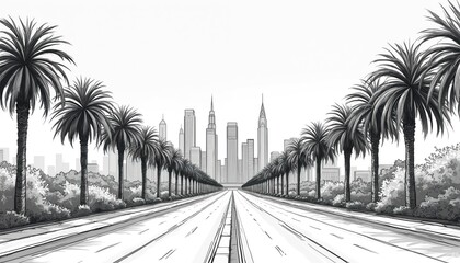Black and white cityscape sketch featuring palm trees, highway, urban scene. Graphic illustration of architecture and buildings. Design element for print or web projects with palm trees alley.