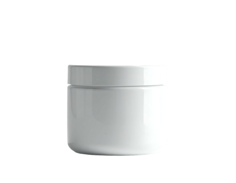 A sleek, cylindrical, white cosmetic jar with a slightly rounded base and a simple, flat lid.  The jar is clean and unadorned, ready for labeling