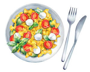 Farfalle Pasta - Caprese salad with tomato, mozzarella and basil. Watercolor illustration
