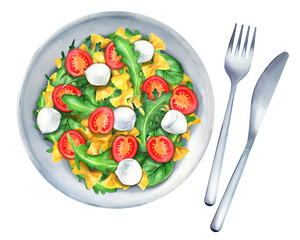 Salad pasta farfalle with cherry, feta, arugula and spinach. Watercolor illustration
