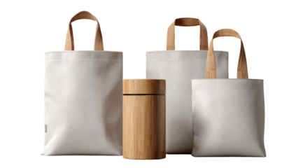 Three white canvas tote bags of varying sizes, and a cylindrical bamboo container