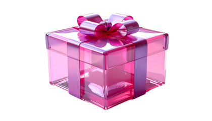 A translucent pink gift box with a large, glossy, magenta ribbon tied in a bow.  The box is square and seems to be made of glass or plastic