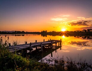 Peaceful sunset over a tranquil lake with a weathered wooden pier