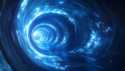 An abstract, luminous, blue tunnel perspective, resembling a wormhole or portal with swirling energy and a bright light at the end