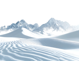 Snow-covered peaks and undulating, windswept plains create a serene, expansive winter landscape