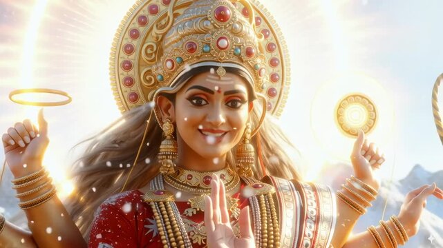 Fierce Goddess Durga rides her lion, wielding glowing weapons that radiate divine power, courage, and unstoppable strength.