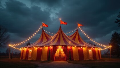 Circus tent illustration. Red, yellow striped marquee with lights at night. Carnival event, festival celebration with party, show, entertainment, amusement. Big top scene, fairground, fun, summer