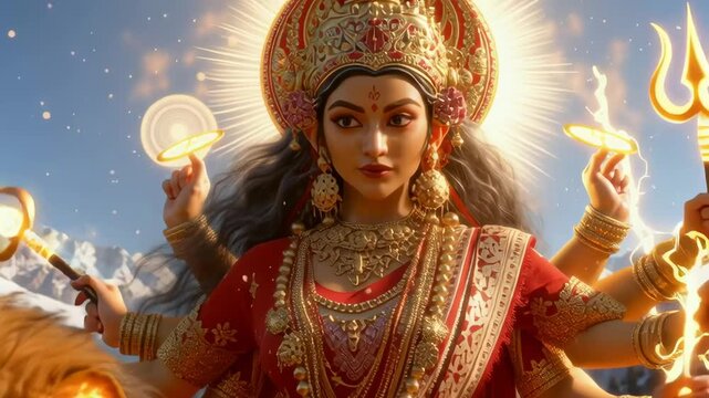 Goddess Durga rides a majestic lion, holding divine weapons with fierce determination, symbolizing courage, strength, and protection.