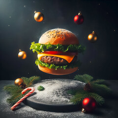 burger levitation with christmas background