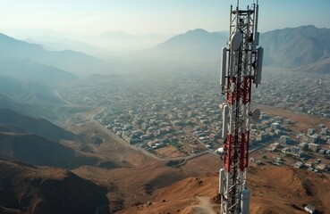 Aerial view of telecom tower on mountain. Cityscape in background. Cellular communication antenna array on ridge. Telecommunications infrastructure ensures connectivity over urban, rural areas with