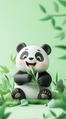 Fototapeta premium This vibrant cartoon panda happily munches on bamboo amidst a lush green backdrop, radiating joy and playfulness, perfect for kids' themes and nature illustrations.