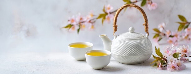 The Elegant White Teapot Surrounded by Beautiful Sakura Blossoms and Tea Cups